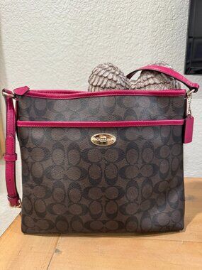 Authentic COACH Brown & Fuchsia Signature Crossbody Bag – Canvas & Leather, Gold